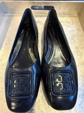 Tory Burch Black Patent Logo Square-Toe Ballet Flats
